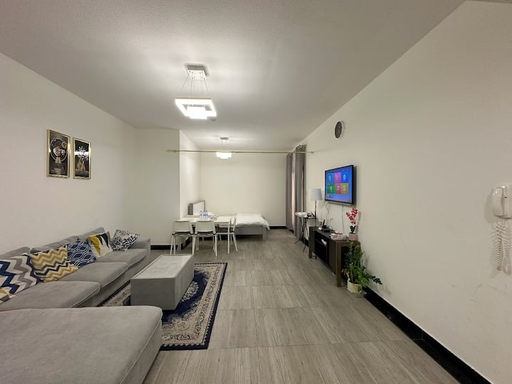 sala de estar con sofá y cama tamaño queen