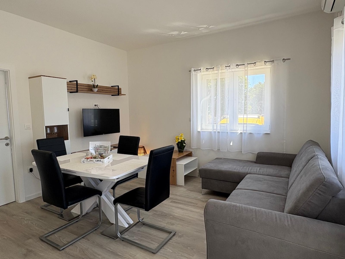 An inviting living space features a comfortable gray sectional sofa and a dining table surrounded by four black chairs. Natural light is provided by a window with sheer white curtains, enhancing the bright and open atmosphere. A television is mounted on the wall for entertainment.