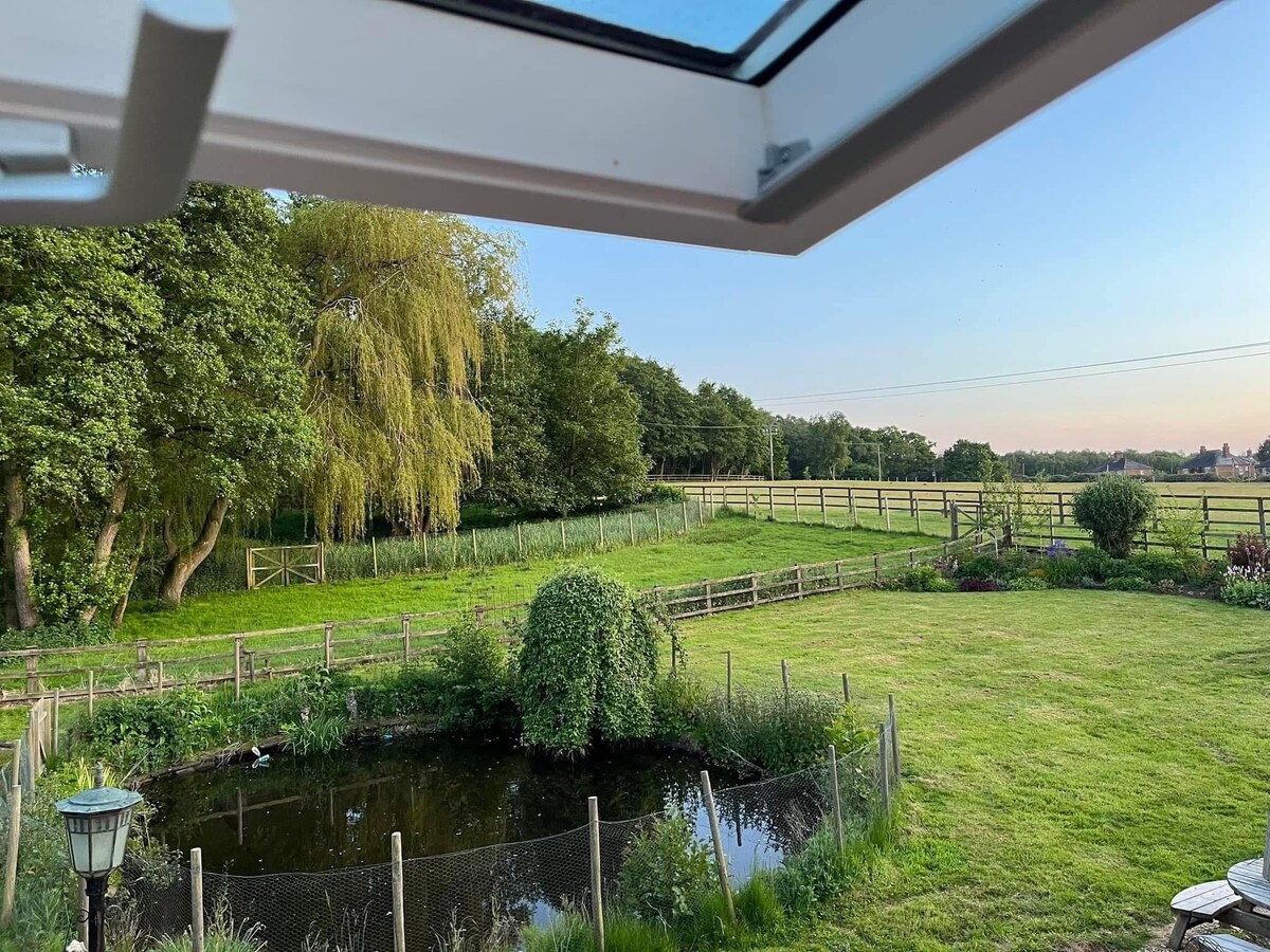 A tranquil outdoor view is captured from a window, showcasing a lush green lawn framed by trees. A pond, surrounded by a protective fence, reflects the evening sky, while distant fields and a fence line the horizon.