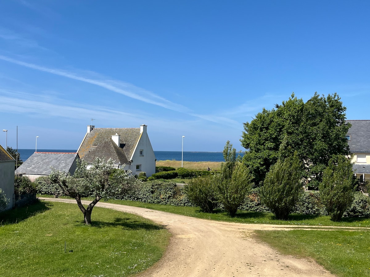 A view of the property is presented, showcasing a smooth gravel path leading towards the sea. Surrounding greenery, including bushes and trees, frames the scene, while a clear blue sky complements the coastal landscape in the background.
