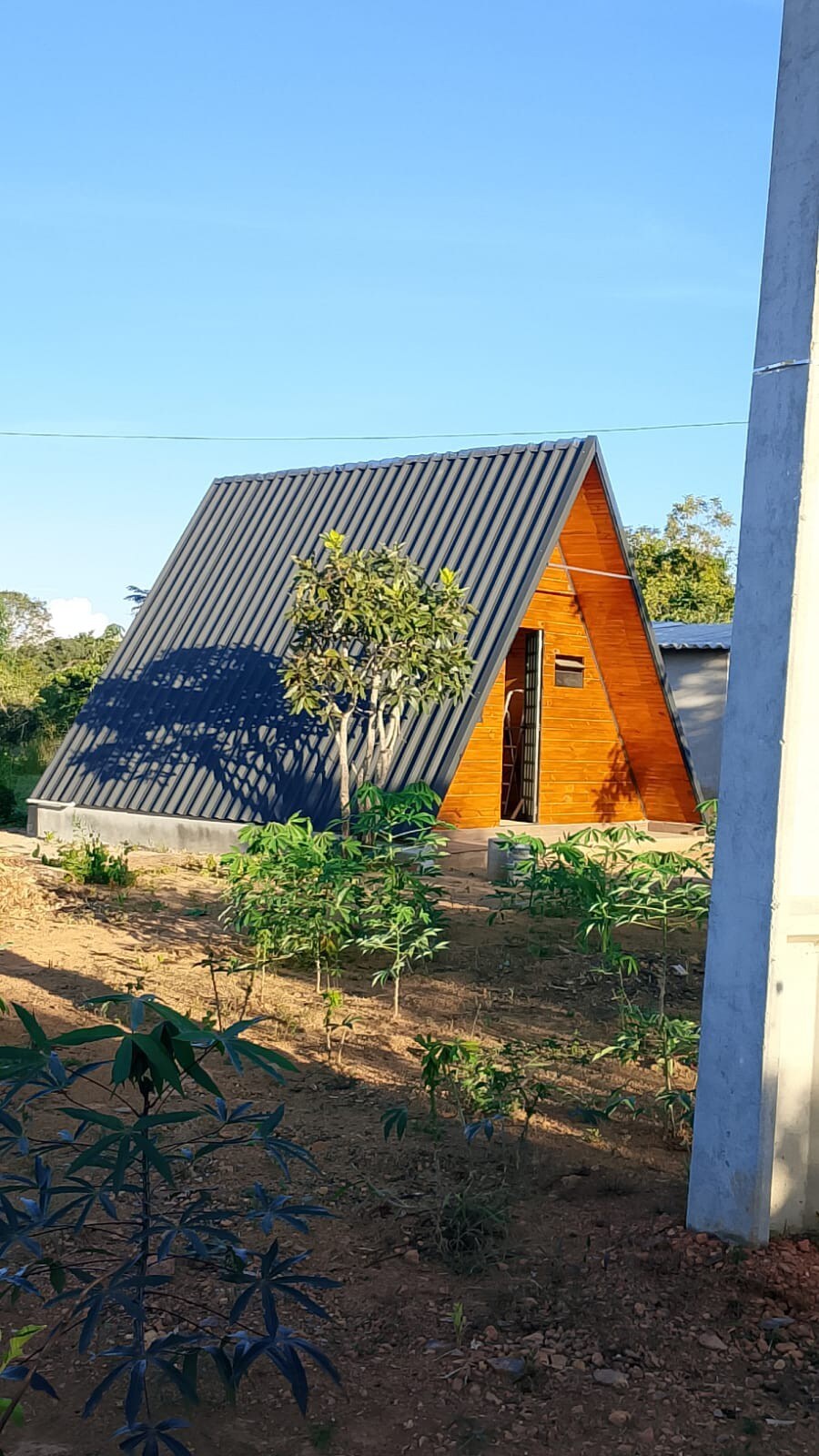A charming A-frame structure features a wooden exterior, standing amidst a natural landscape. Fresh greenery surrounds the building, suggesting a tranquil outdoor atmosphere. Clear blue skies complement the rustic design, enhancing the connection with nature.