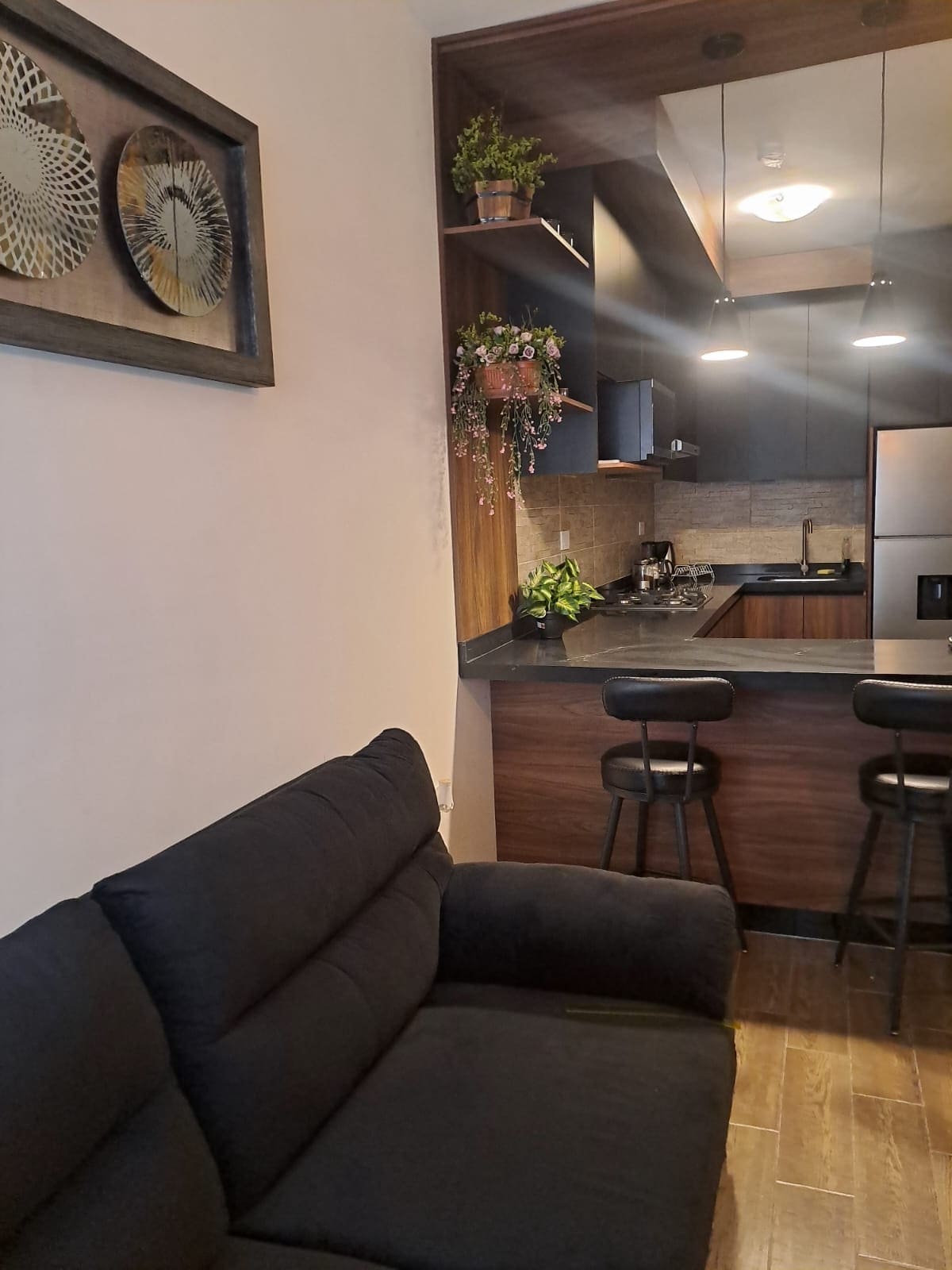 A modern kitchen area is observed, featuring dark cabinetry and stainless-steel appliances. High bar stools are placed around a sleek countertop, with decorative plants adding a touch of greenery. A section of a comfortable black sofa can be seen, creating an inviting space.