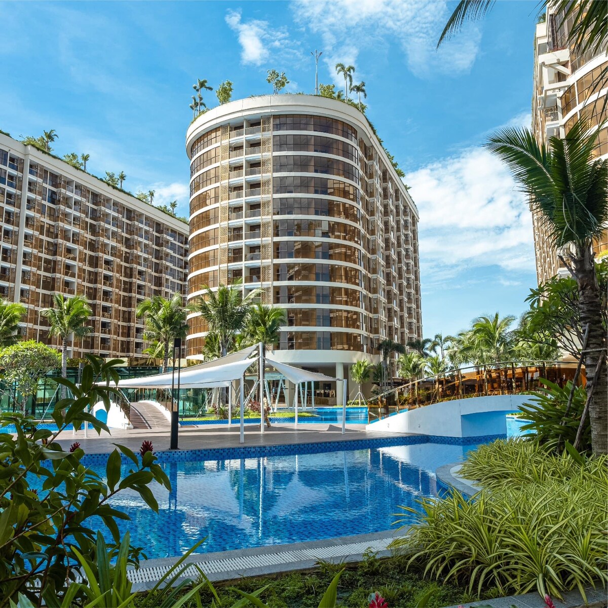 A modern resort building is surrounded by lush greenery and palm trees. A clear blue pool reflects the sky, with comfortable lounging areas nearby. The architecture features curved lines and multiple levels, while a spacious canopy provides a shaded gathering area.