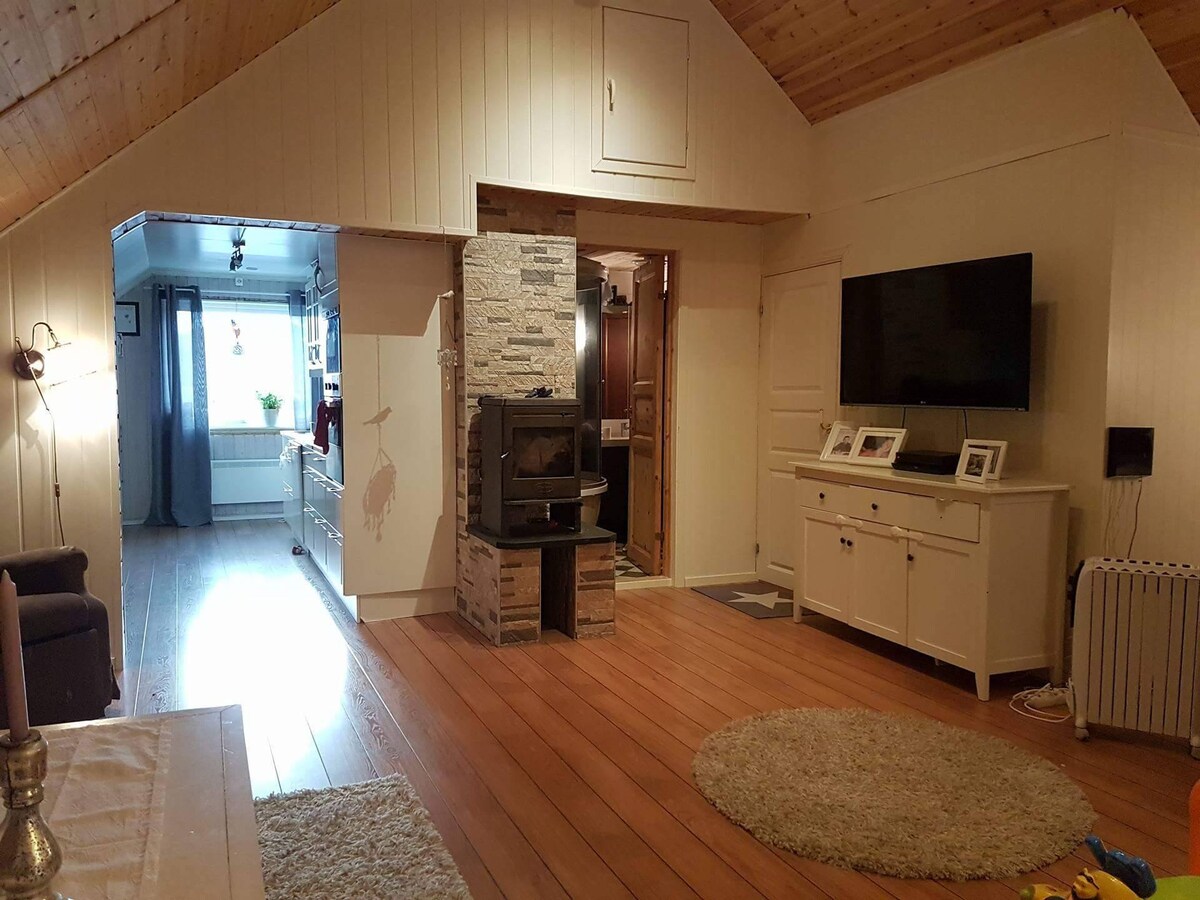 An open living space features warm wooden walls and a ceiling with exposed beams. A cozy rug lies on the polished wooden floor, and a mounted television is positioned above a stone fireplace. Soft lighting enhances the inviting feel of the area.