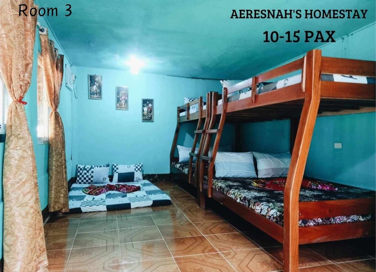 A spacious room features two sets of wooden bunk beds and a patterned floor mat. Light blue walls create a calming environment, complemented by framed artwork. Natural light filters through the curtains of the window, enhancing the inviting atmosphere of this group-friendly space.