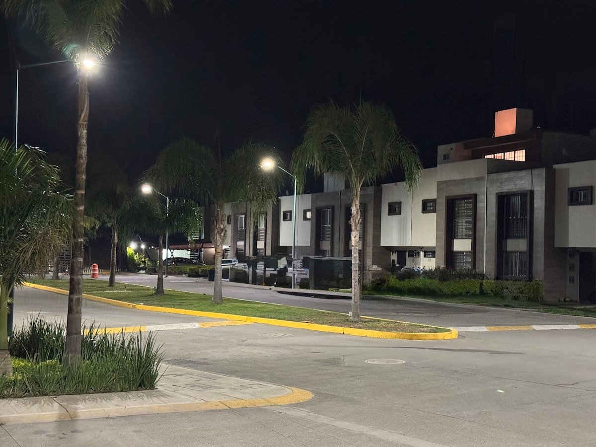 A well-lit street within a private neighborhood features palm trees lining the walkway. Modern buildings with a muted colour palette can be seen in the background, highlighting the spacious and peaceful ambiance of the area. This scene is set at night, providing a serene atmosphere.