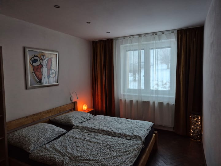 Accogliente camera da letto con un grande e comodo letto matrimoniale, un luogo ideale per rilassarsi e dormire indisturbati.
