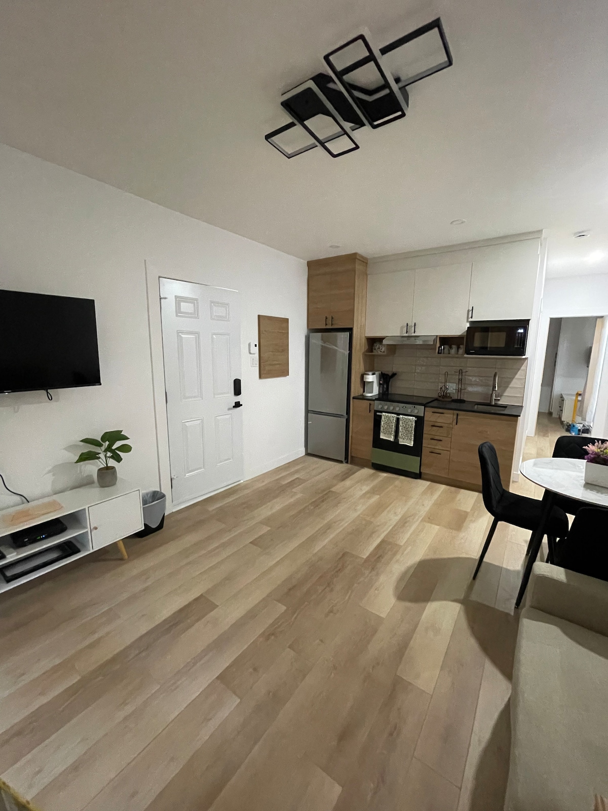 A compact living space features a modern kitchen area with light-colored cabinetry and stainless-steel appliances. A small dining table with black chairs is positioned near the kitchen. A wall-mounted television is visible, alongside a plant on a white sideboard. Natural light streams from a doorway.