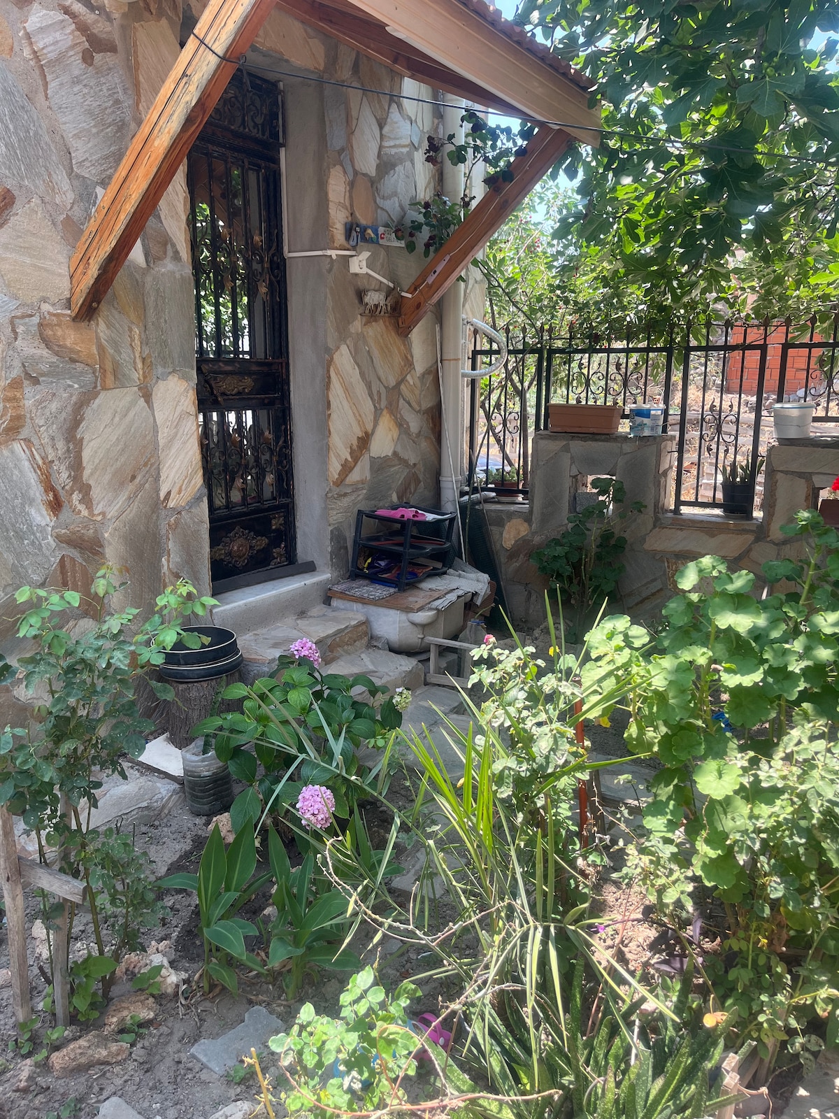 A stone pathway leads to the entrance of the home, bordered by diverse greenery and blooming flowers. The area is framed by wooden beams overhead and a wrought iron fence, offering a sense of privacy while inviting nature into the surroundings.