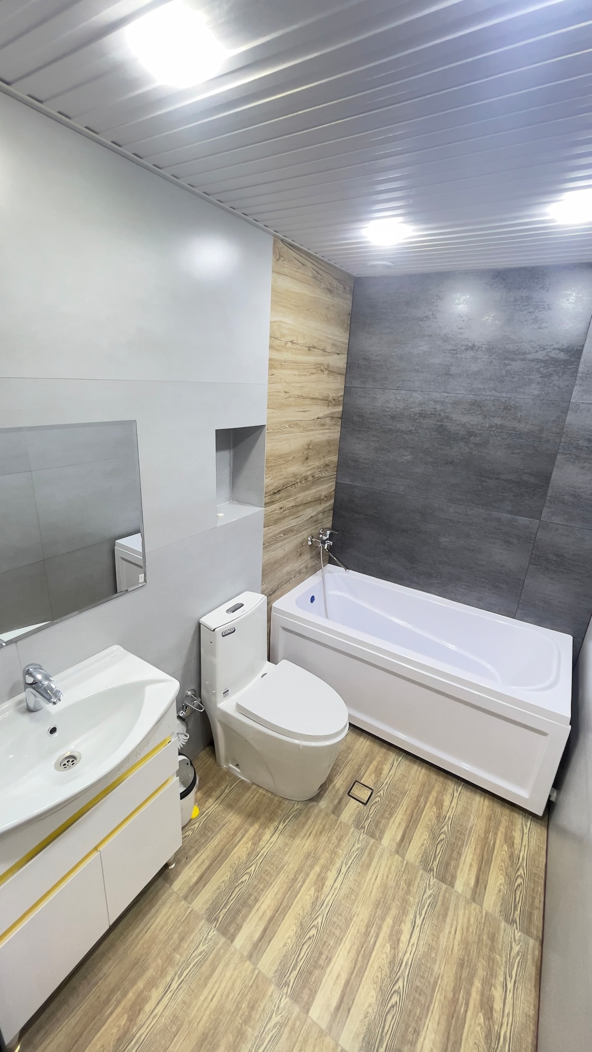 A modern bathroom is showcased, featuring a compact bathtub and a sleek toilet. A vanity with a sink and mirrored cabinets is visible, accompanied by wooden and gray tiled walls. Soft lighting enhances the clean and organized layout.