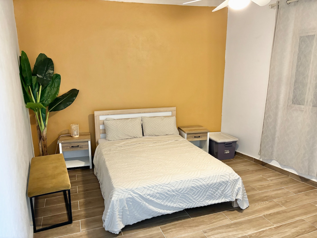 A serene bedroom features a spacious bed covered with a light quilt. A nightstand stands beside the bed, providing additional storage. A potted plant adds a touch of greenery, while natural light filters through sheer curtains, illuminating the warm-toned walls.