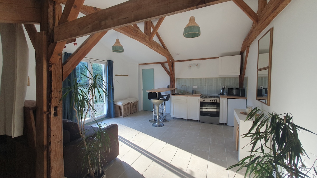 A spacious living area features wooden beams and large windows allowing natural light to fill the space. An open kitchen with modern appliances is visible, along with a comfortable seating arrangement. A bar-style seating area is positioned near the kitchen, enhancing the communal feel.