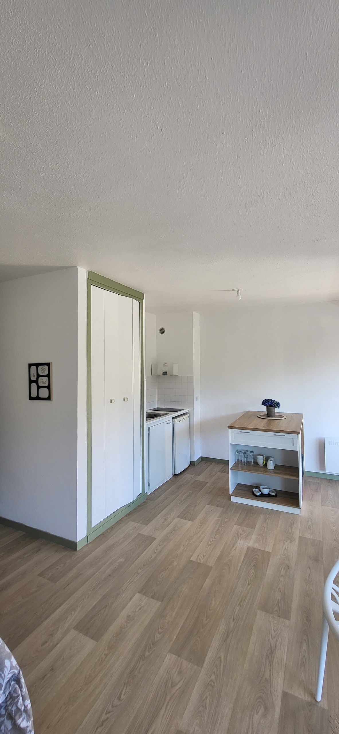 A bright and airy studio apartment is seen with light wood flooring. A practical kitchenette is situated against the wall, featuring a compact refrigerator and kitchen essentials. A small dining table is centered, with chairs positioned around it, offering a functional and inviting space.
