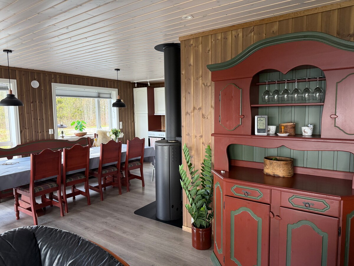 A dining area features a long table surrounded by multiple wooden chairs, complemented by large windows offering views of the surrounding nature. A red and green cupboard is displayed against a wooden wall, alongside a stove and a potted plant, enhancing the cozy interior.