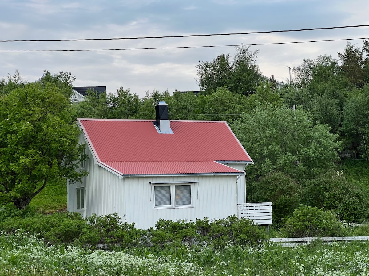 A white house with a striking red roof is nestled among lush greenery. The exterior is complemented by a black chimney, and a small deck is accessible from the front, surrounded by trees and low shrubs that enhance the natural setting.