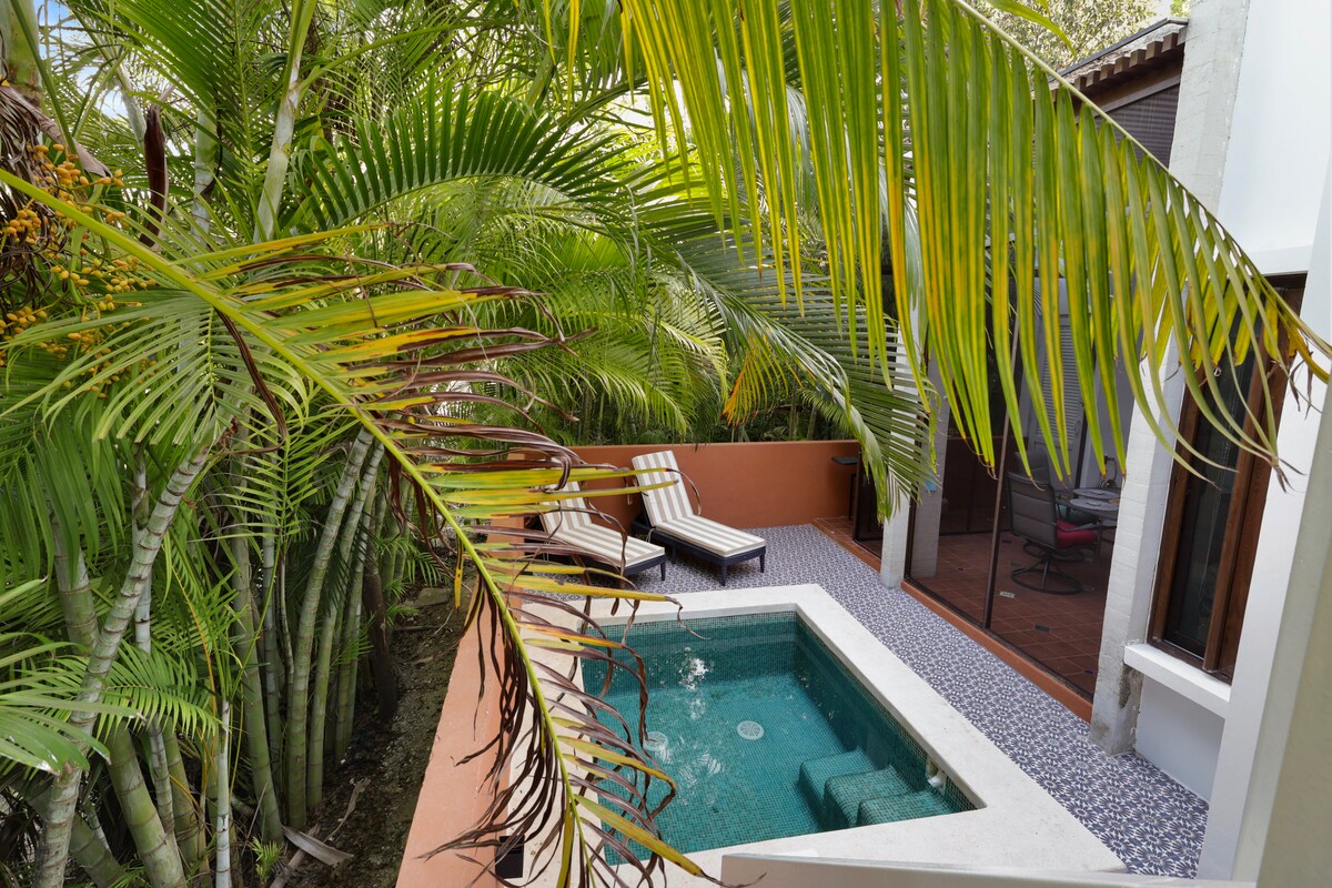 A private pool is nestled within a lush tropical setting, framed by vibrant palm leaves. Two lounge chairs are positioned beside the pool's edge, creating a serene space for relaxation. The facade of the villa is visible beyond the greenery, showcasing a tranquil atmosphere.