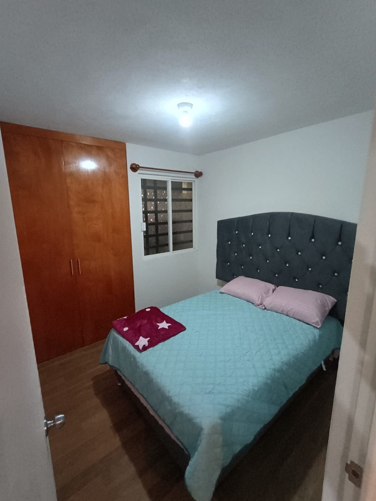A sleeping area is equipped with a queen-sized bed, draped in a teal coverlet. Two pink pillows rest on the bed, while natural light enters through a window adorned with sheer curtains. A closet with wooden doors is positioned against the wall.