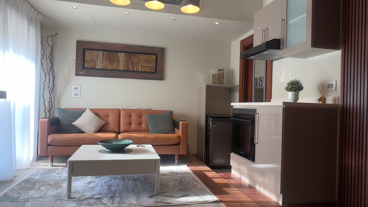 A modern living space features a sleek brown sofa paired with textured throw pillows. A low coffee table occupies the center, complemented by a decorative bowl. The compact kitchenette is present, along with minimalist cabinetry and a subtle wall art piece in the background.