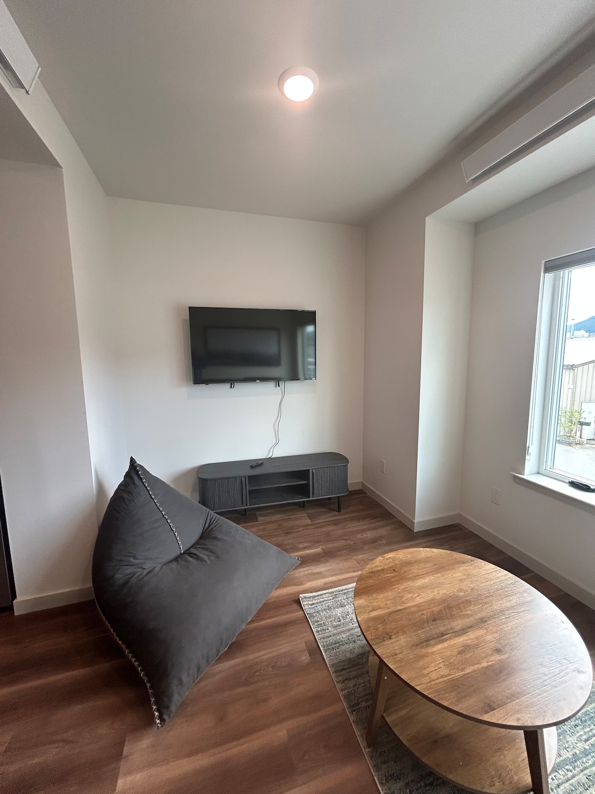 A cozy living area is featured, highlighting a mounted TV on the wall opposite a stylish wooden coffee table. A comfortable bean bag chair is positioned nearby, and natural light enters through a window with unobstructed views. The floor is adorned with a subtle area rug.