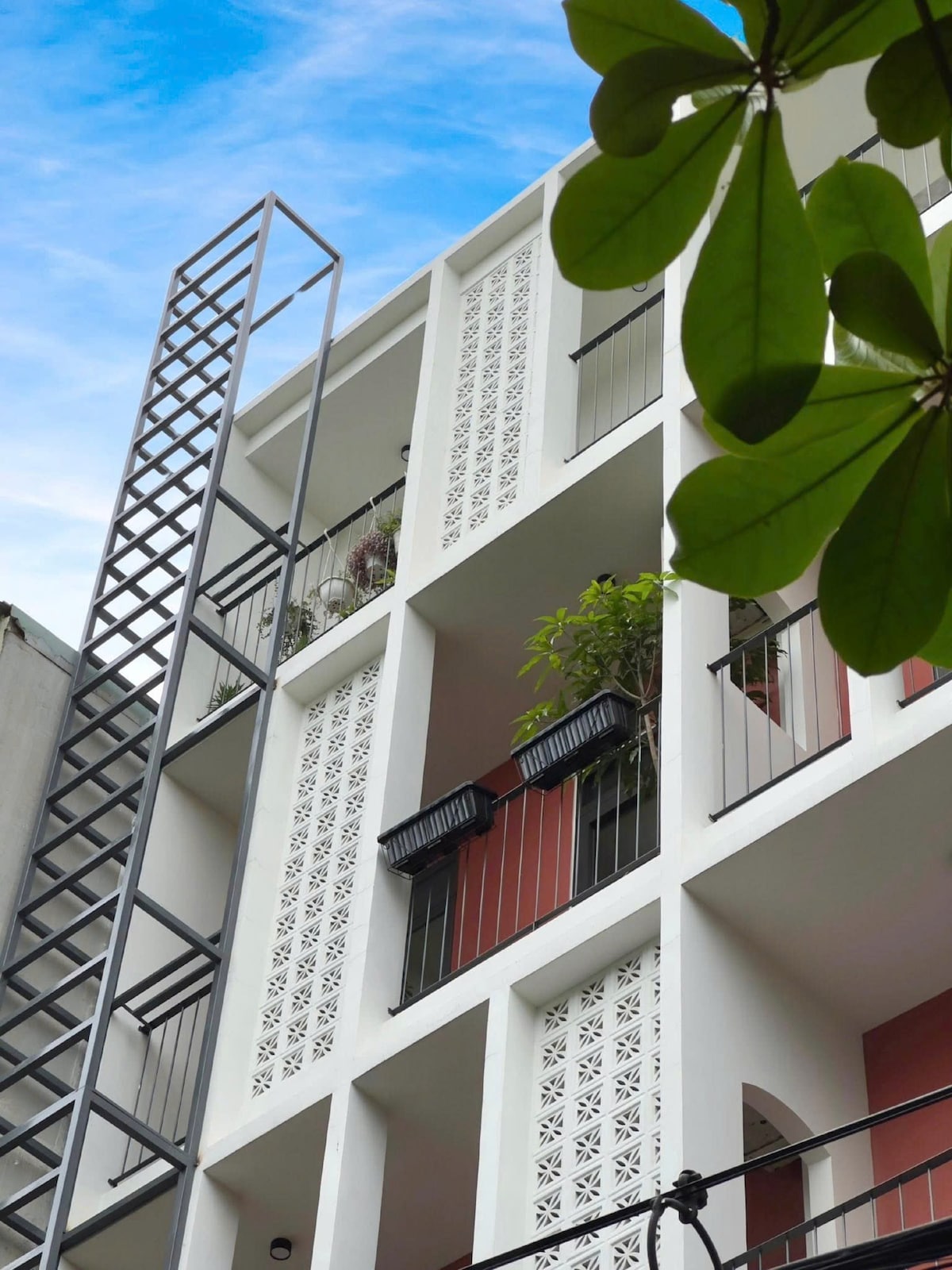 A modern building exterior is depicted, with multiple balconies featuring potted plants. Architectural details include decorative panels and a prominent metal staircase. Lush green leaves from nearby trees frame the image against a clear blue sky.