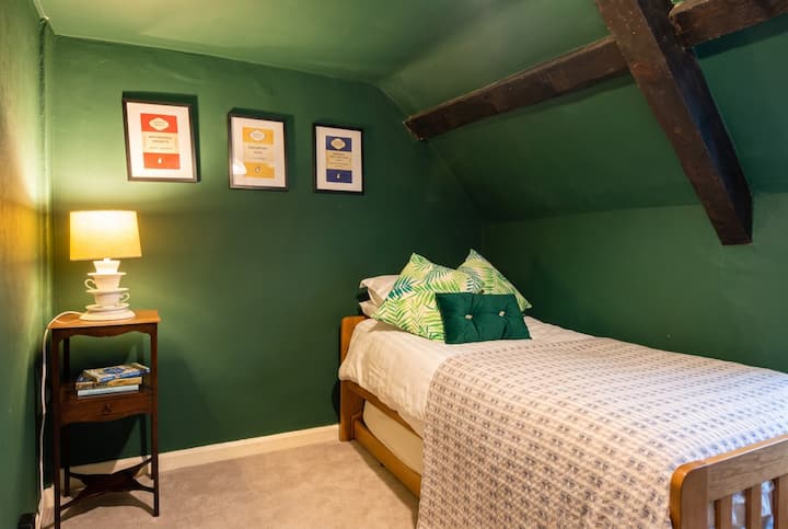 Een groen eenpersoonsbed onder de dakrand met vintage prints boven het bed.
