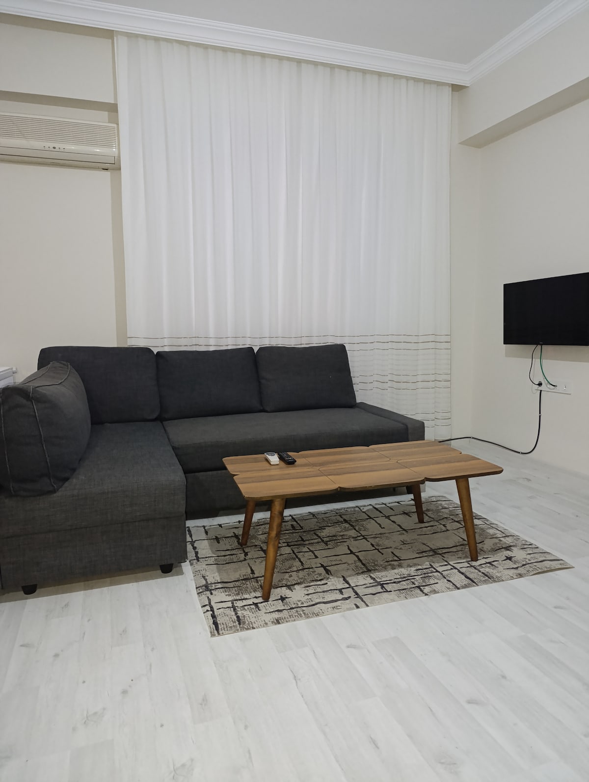 A welcoming living area features a modern dark gray sectional sofa, complemented by a small wooden coffee table placed atop a patterned area rug. A wall-mounted television is positioned across from the seating, and natural light filters in through sheer curtains.