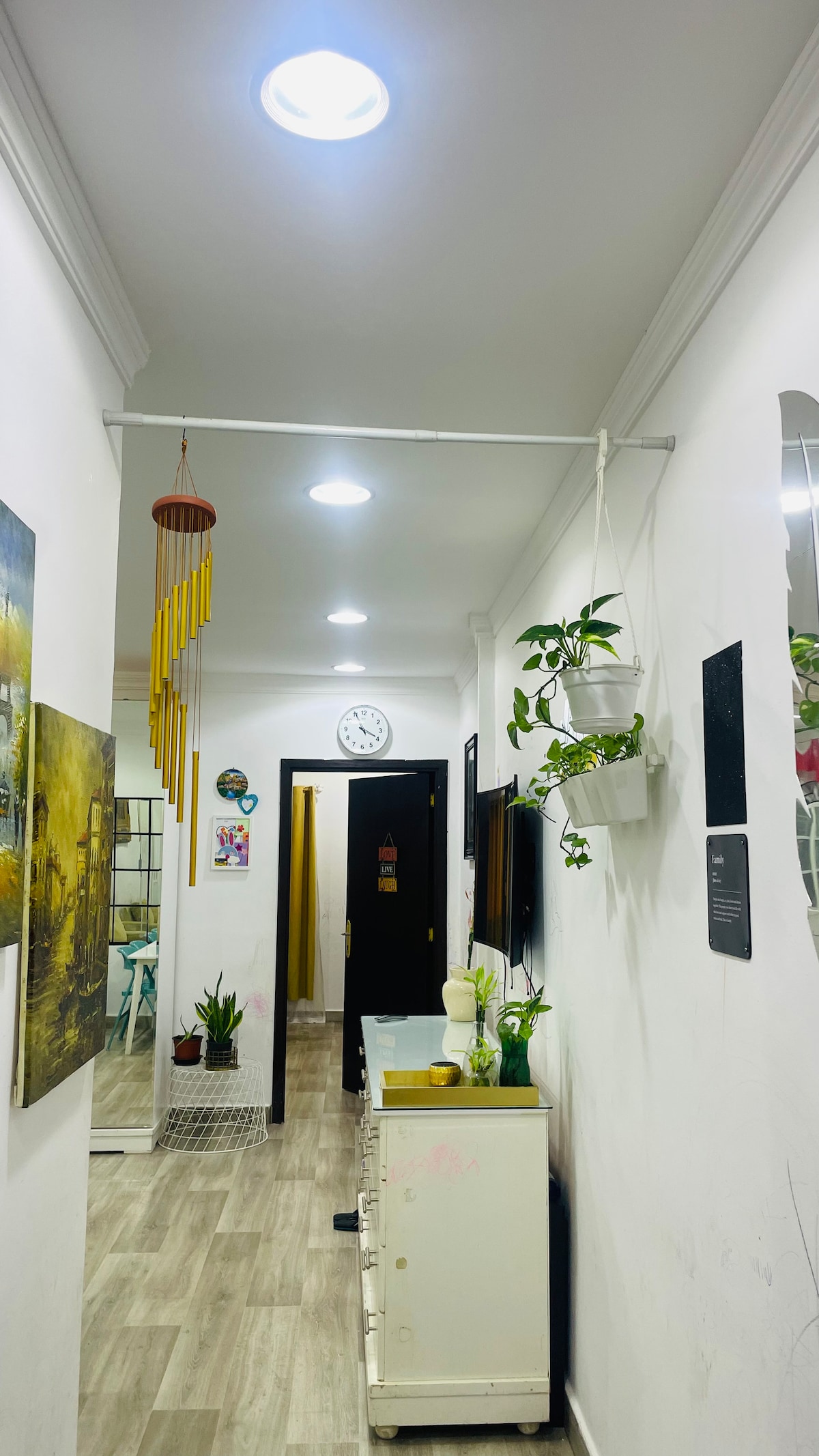 A hallway is depicted, featuring modern lighting fixtures on the ceiling. Wall art provides visual interest along the sides, while decorative plants hang from above. A clock is mounted on the wall, and a mirror reflects the space, enhancing the room's depth and brightness.