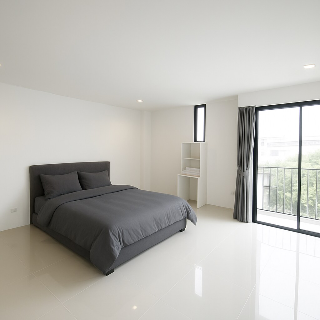 A spacious bedroom features a large, neatly made bed dressed in gray linens. Natural light enters through a floor-to-ceiling window, which is complemented by a simple curtain. A minimalist shelving unit is visible beside the bed, enhancing the room's modern aesthetic.