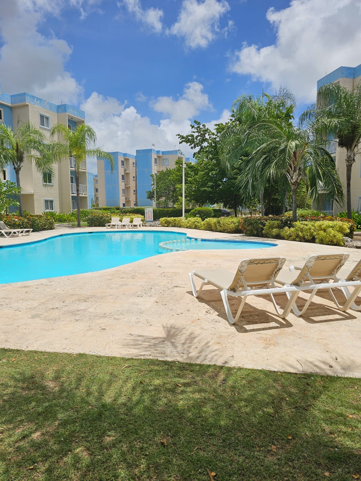 A serene swimming pool is framed by tropical palm trees and neatly landscaped gardens. Lounge chairs are arranged on the pool deck, providing space for relaxation. The pool has clear blue water under a bright sky, inviting guests to unwind in a tranquil setting.