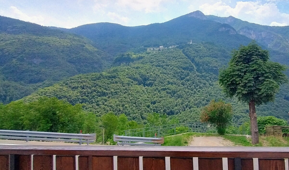 A scenic view of rolling green hills and mountains is visible, with a forested landscape stretching into the distance. The image captures a sense of tranquility, framed by a wooden railing in the foreground, leading to an open road bordered by a low metal barrier.