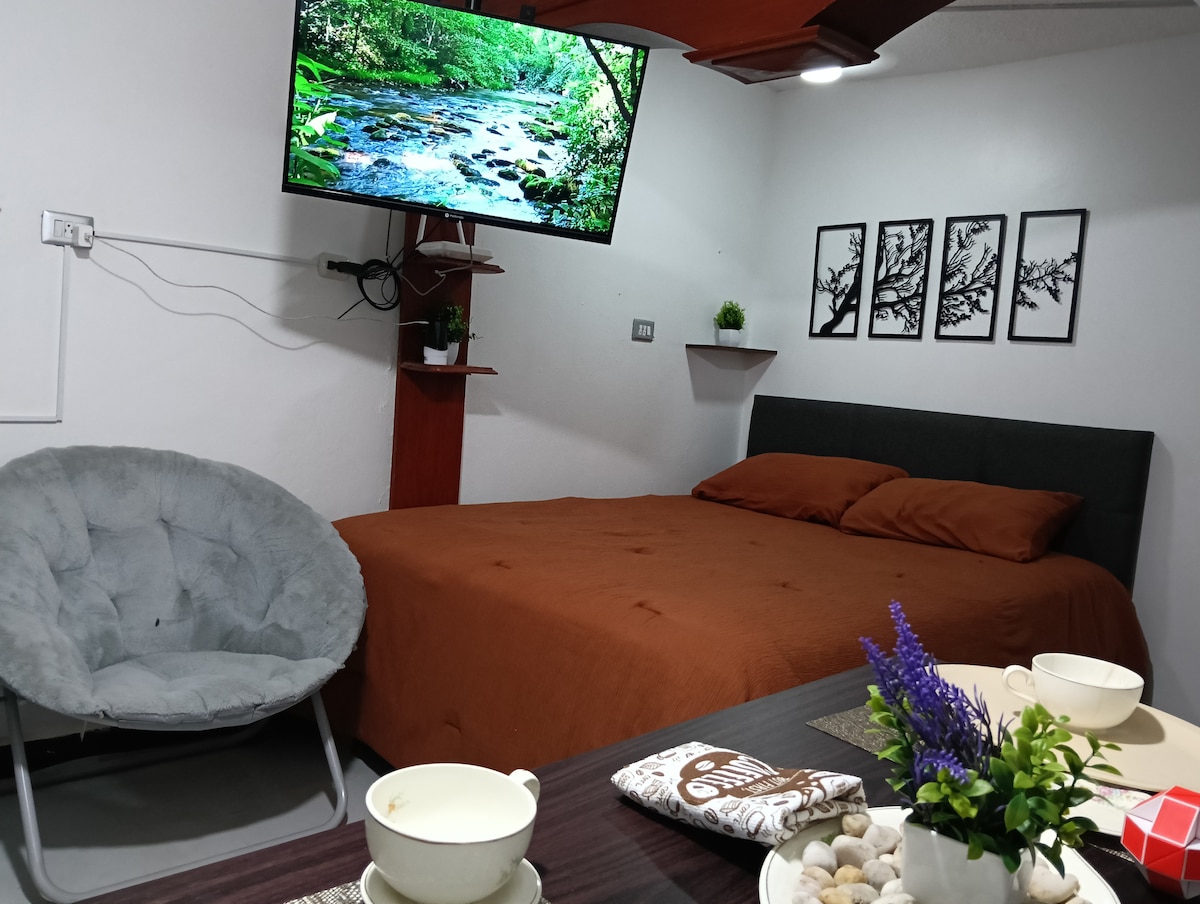 A cozy interior space features a spacious queen-size bed with warm brown bedding. A large Smart TV is mounted on the wall, displaying a serene nature scene. A round chair and table are set nearby, surrounded by decorative wall art showcasing minimalist black and white designs.