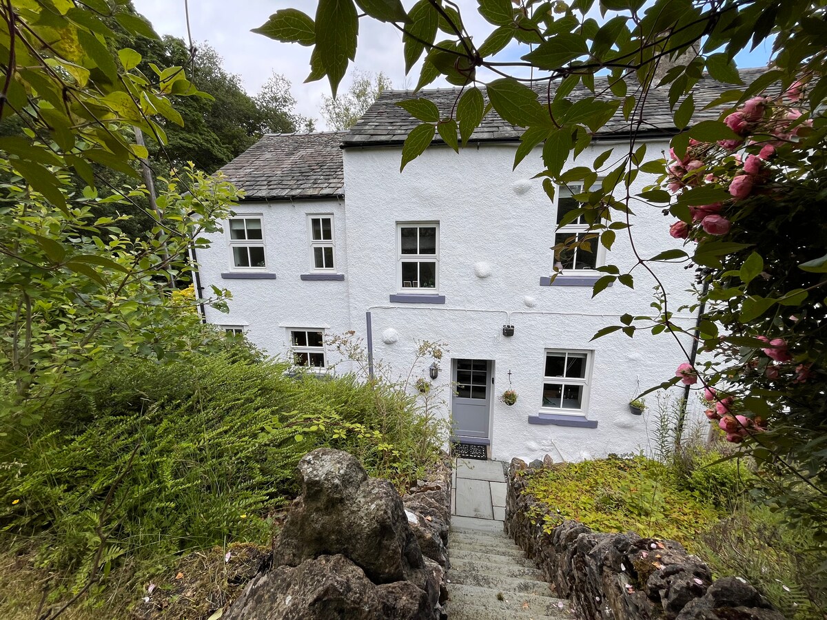 A charming cottage is nestled among greenery, featuring a white exterior with purple accents. Stone steps lead down to the entrance, surrounded by lush plants and flowers. The large windows provide a glimpse of the inviting interior, enhancing the cottage's character.