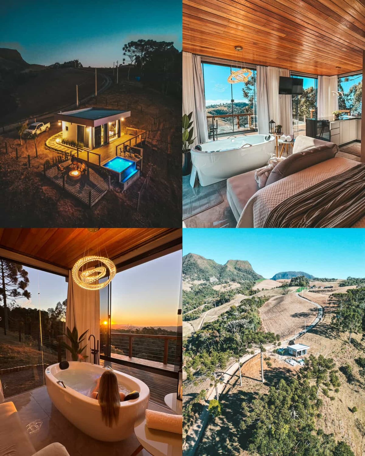 A serene cabin is positioned amidst the natural landscape, featuring a heated infinity pool and outdoor seating. The interior showcases large windows offering sweeping views of the surroundings, with elegant furnishings and warm wooden accents throughout.