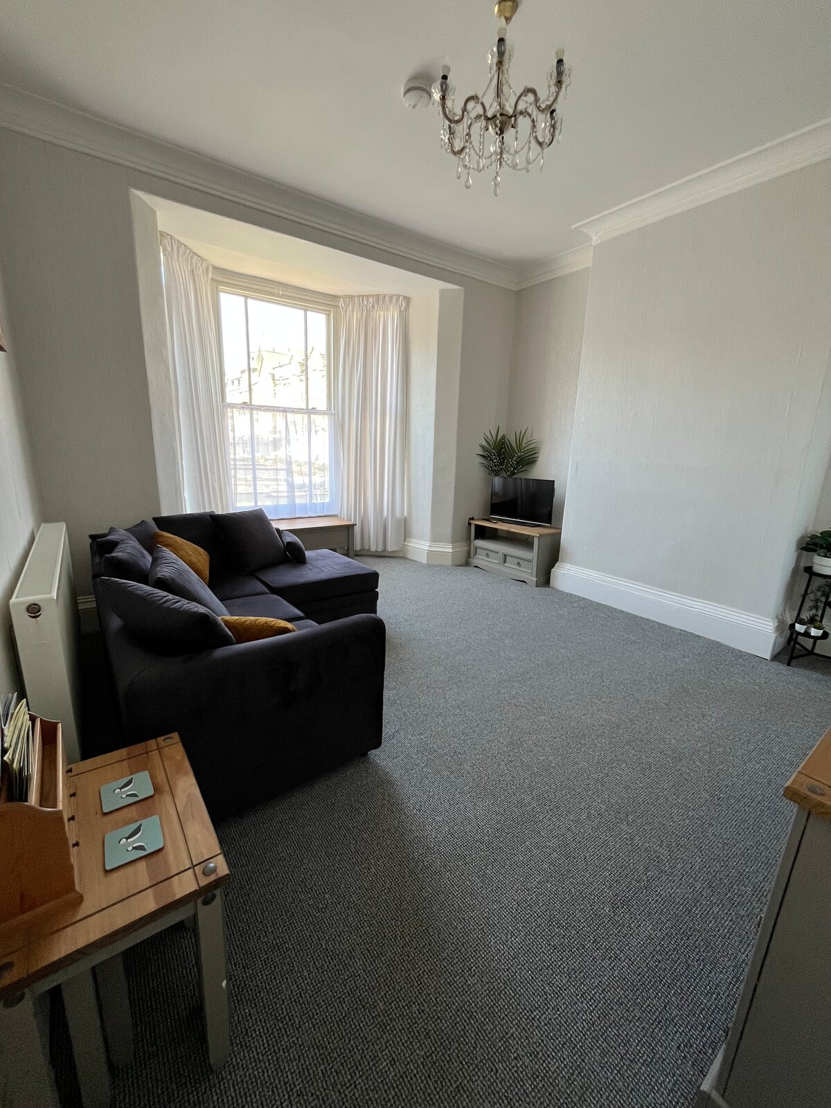 A well-lit living room features a large bay window with sheer curtains allowing natural light to enter. A dark sofa is positioned thoughtfully against the wall, complemented by a television and decorative planter nearby. Neutral tones and a soft carpet create a comfortable ambiance.