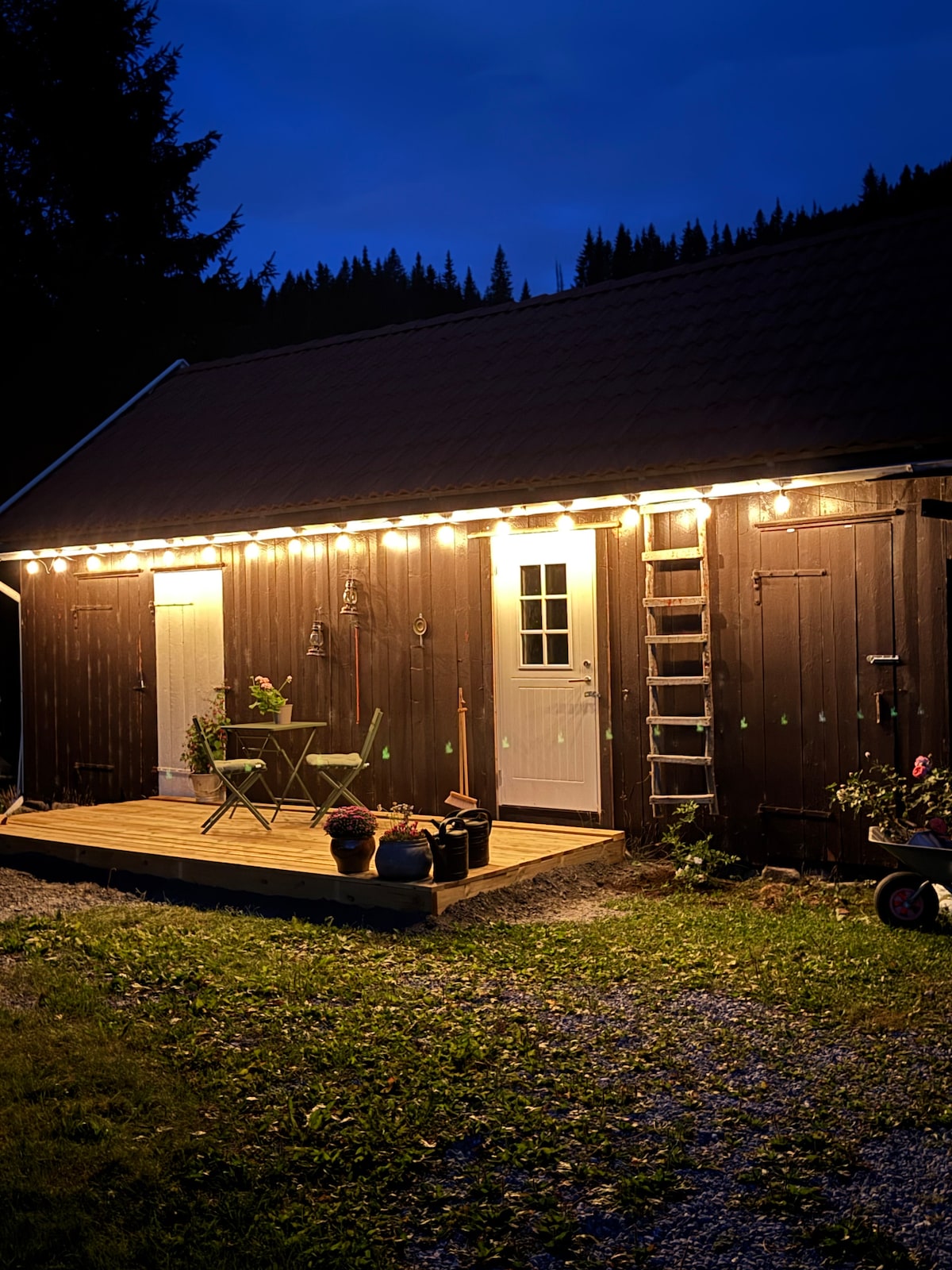 The exterior of the guesthouse is illuminated by string lights, creating a welcoming glow at dusk. A wooden deck features a small table and chairs, surrounded by potted plants. The building displays a rustic wooden facade, with a ladder leaning against it and a door leading inside.