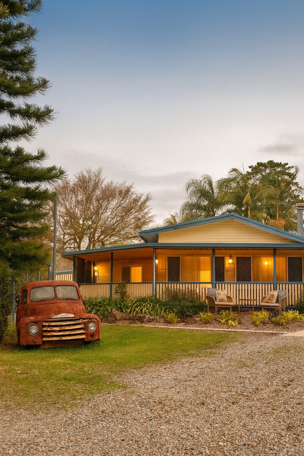 The exterior of a charming home is shown, featuring a covered porch with inviting seating. A vintage red truck is positioned on the gravel driveway, surrounded by lush greenery and trees. Soft evening light enhances the welcoming atmosphere of the property.