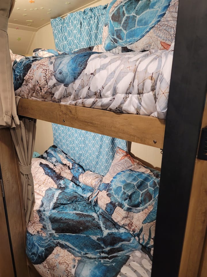 Literas con ropa de cama de tortugas.