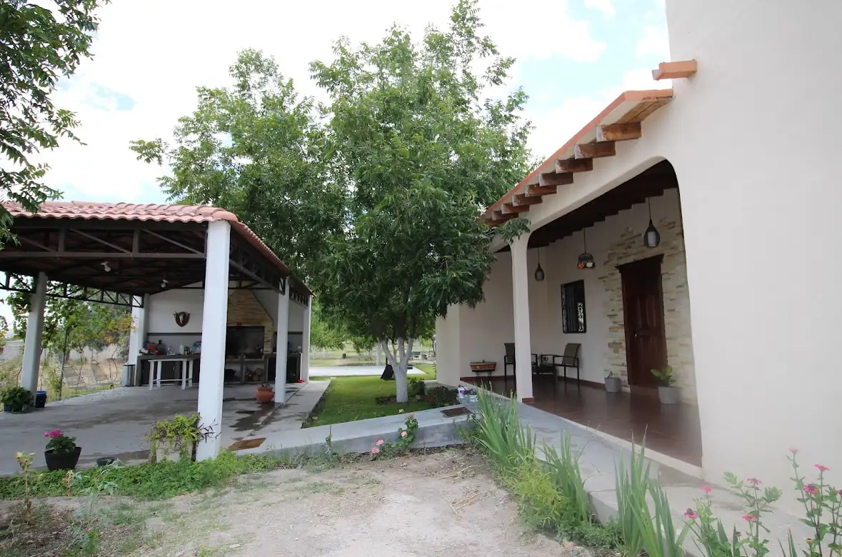 A welcoming outdoor area is framed by a large tree, providing shade for a covered patio space. The house features a charming entrance with a wooden roof and a doorway leading into the interior. Flower pots add a touch of color to the surroundings.
