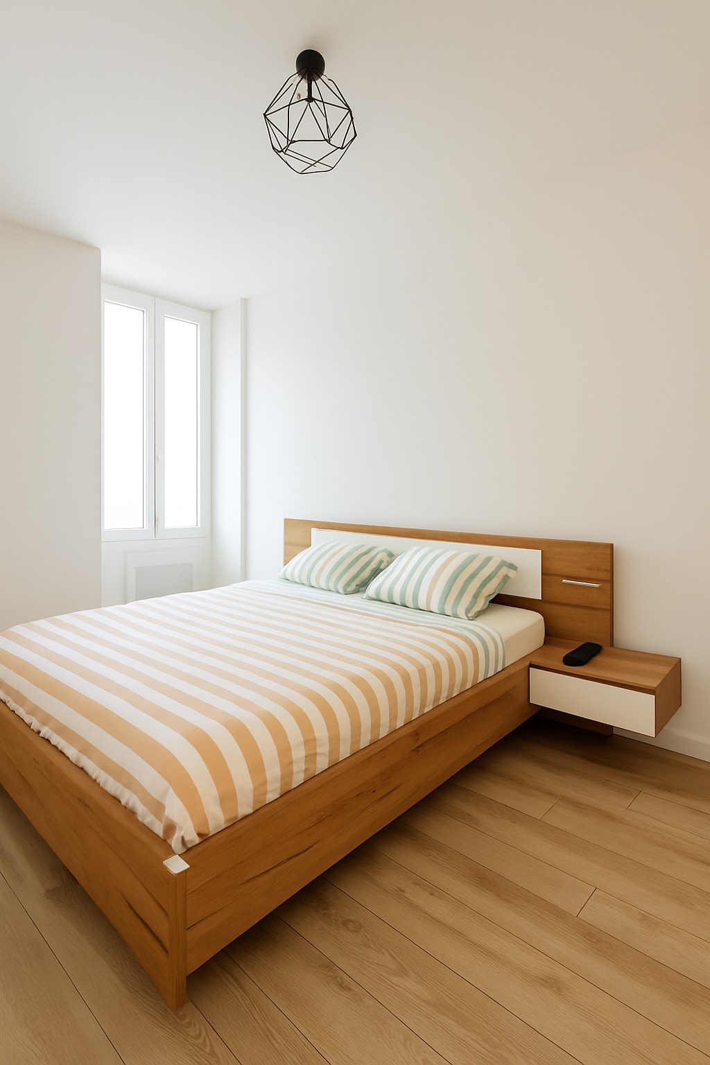 Habitación cálida con cómoda cama doble, ropa de cama suave y cortinas opacas para un sueño tranquilo. Ambiente natural y depurado, decoración cuidada y espacio de almacenamiento práctico para una estadía agradable