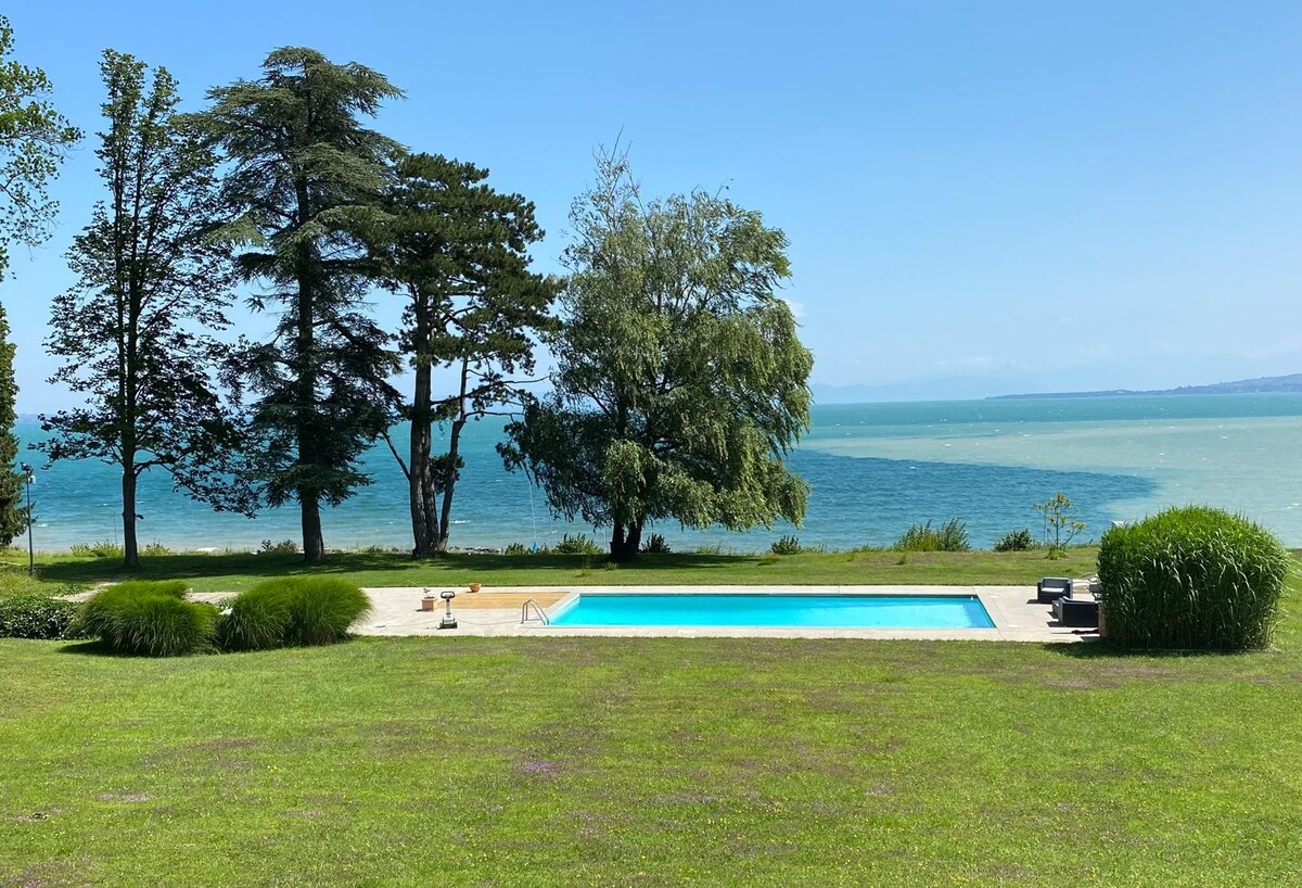 The image captures a serene outdoor area featuring a swimming pool surrounded by lush greenery. The pool overlooks a shimmering lake, with trees framing the view. The calm water contrasts gently with the vibrant landscape, creating a peaceful setting.