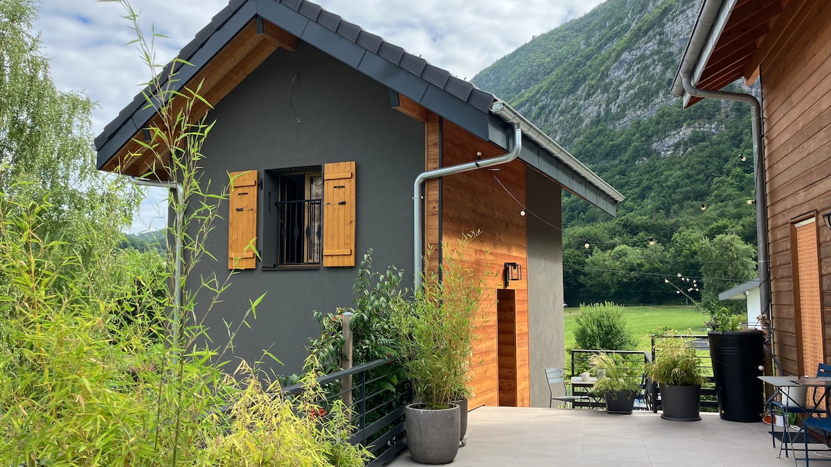 A modern chalet exterior is depicted, showcasing wooden accents and a grey facade. The entrance features a small terrace surrounded by greenery in pots. The backdrop features a mountain landscape under a partly cloudy sky, highlighting the tranquil countryside setting.