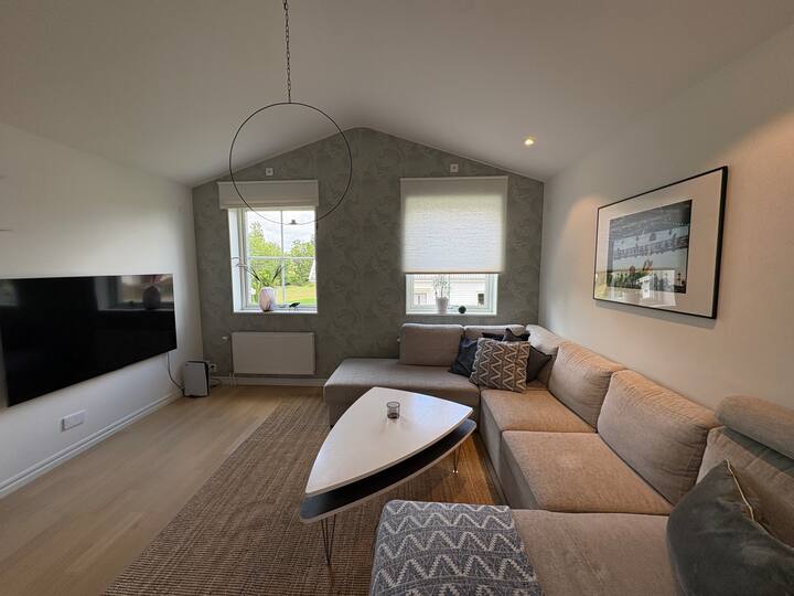 Grote woonkamer met tv.
Slaapbank 140 cm met de mogelijkheid van 2 personen.