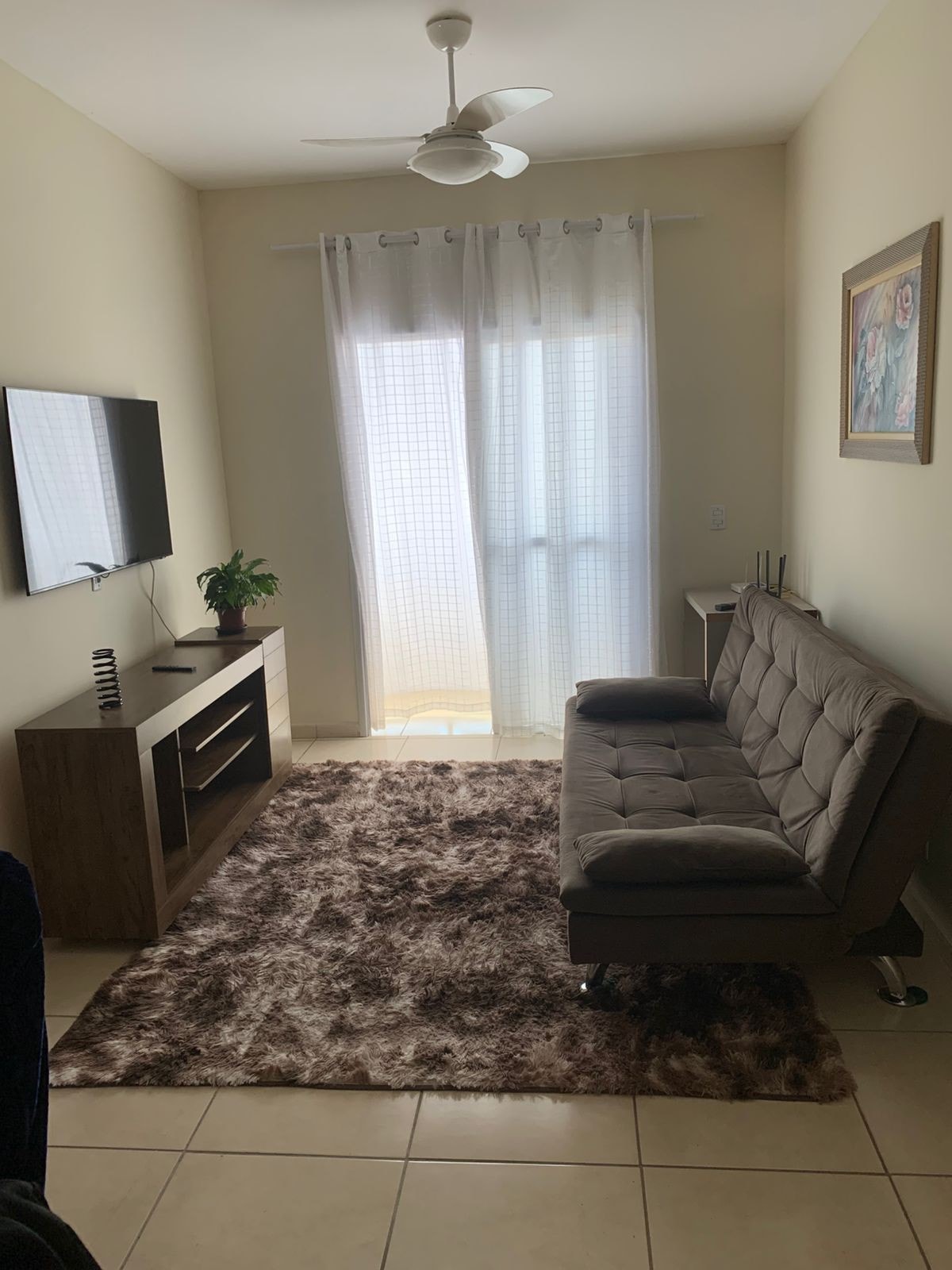 A cozy living area is furnished with a sleek brown sofa bed and a low-profile wooden TV stand. A television is mounted on the wall, while soft light filters through sheer curtains. A decorative plant adds a touch of greenery, complemented by a plush rug underfoot.