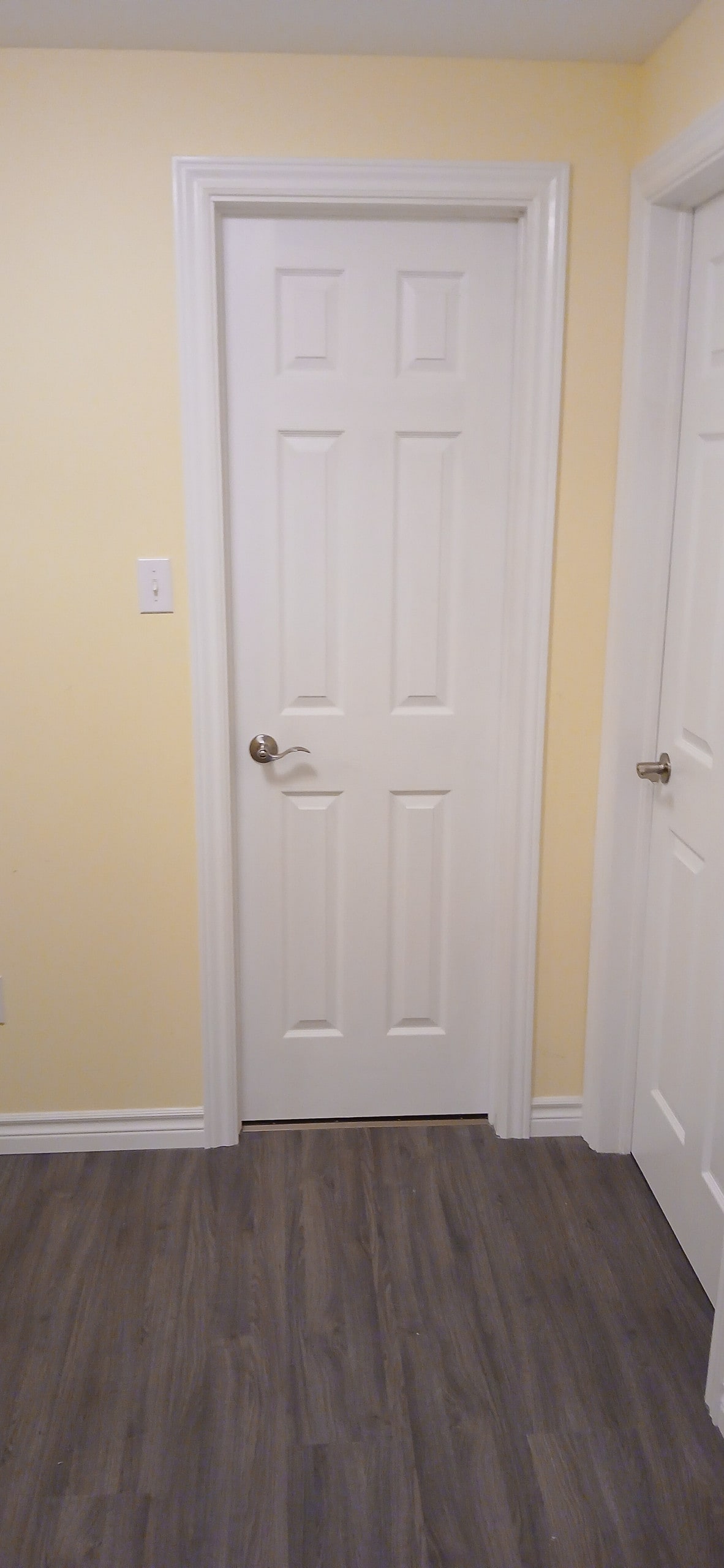 A narrow hallway is shown with light yellow walls. Two white doors are visible, providing access to separate rooms. A dark wood-look floor enhances the warmth of the space near the doors.