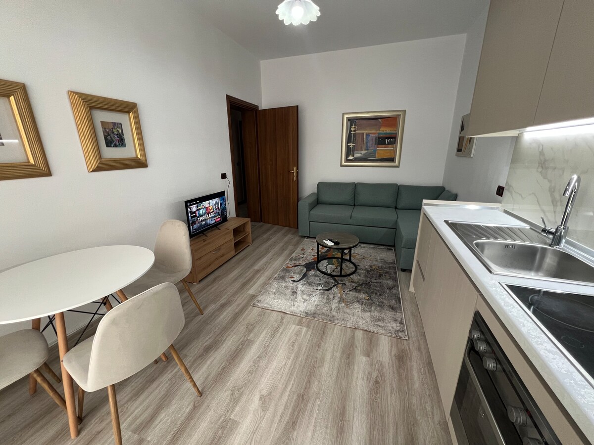 A modern living space features a light-colored kitchen cabinetry and countertop, complemented by stainless steel appliances. A round dining table with four chairs is set next to a comfortable green sofa, while a flat-screen television and a decorative area rug complete the cozy atmosphere.