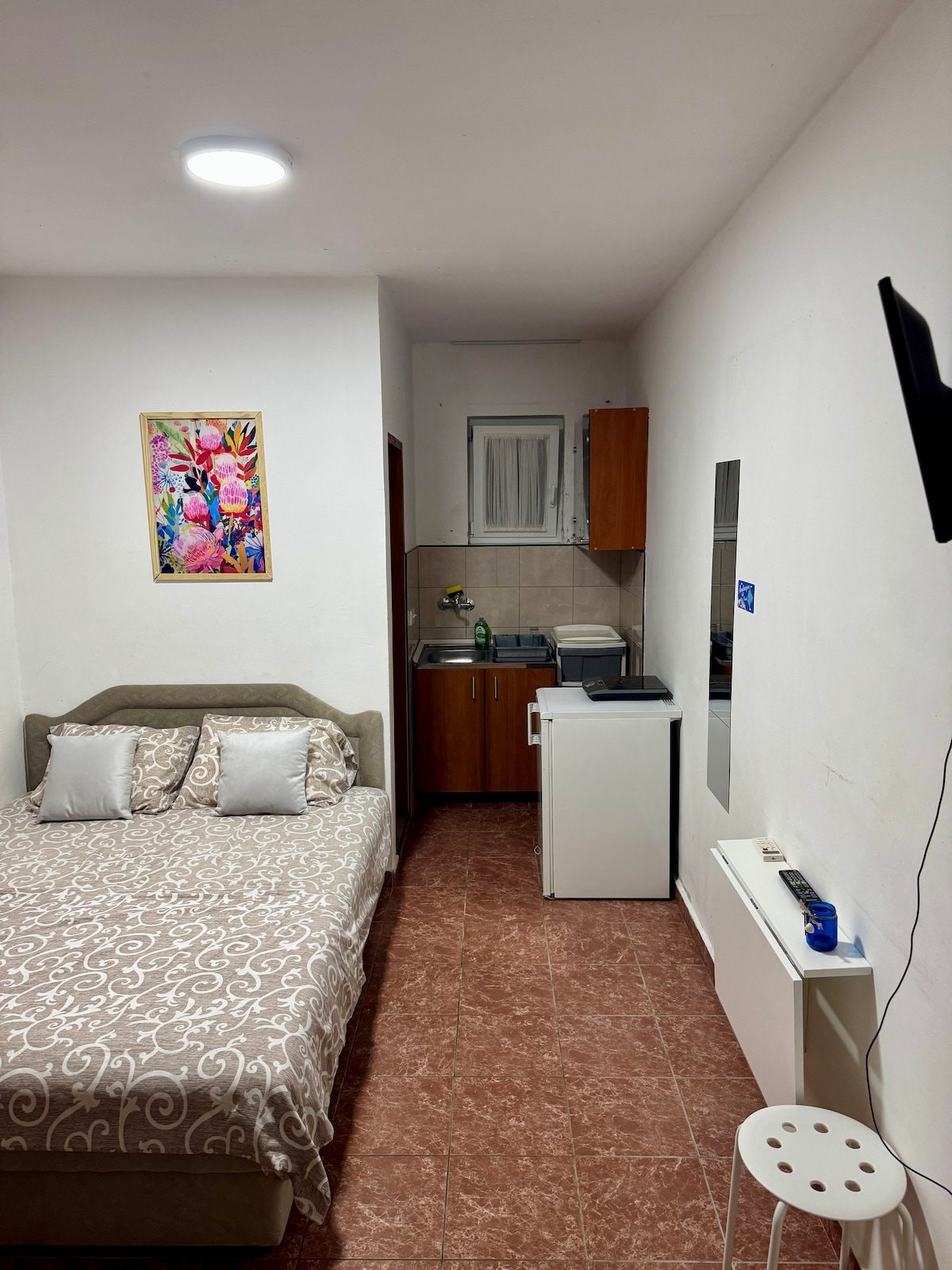 The image displays a cozy sleeping area featuring a spacious bed with decorative pillows. A kitchenette with essential appliances is visible, along with a small dining table. Wall art adds a pop of color, while the overall layout provides a welcoming and functional atmosphere.