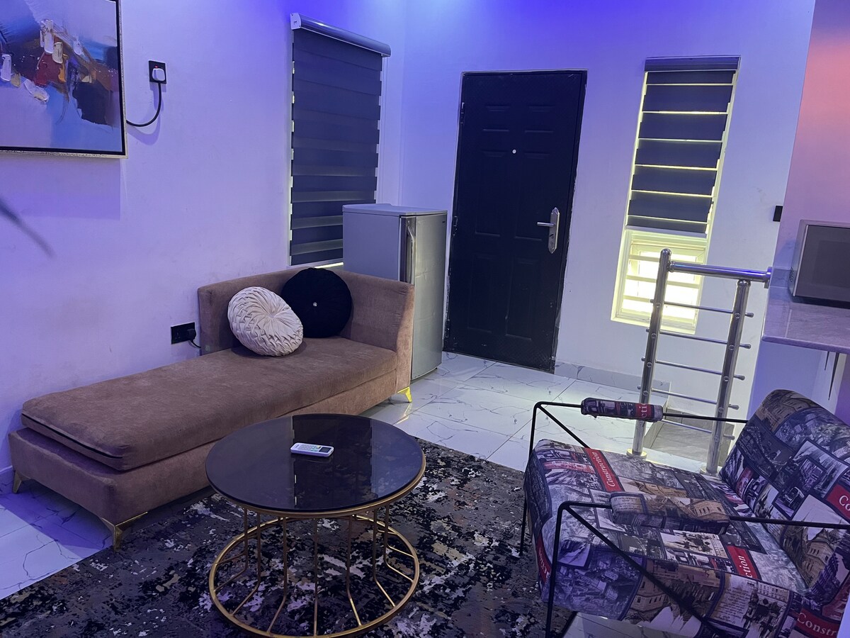 The living room features a modern sofa alongside a decorative armchair. A circular coffee table sits on a patterned rug. Two windows allow natural light, and a fridge is positioned adjacent to the entrance door, which has a minimalist design.