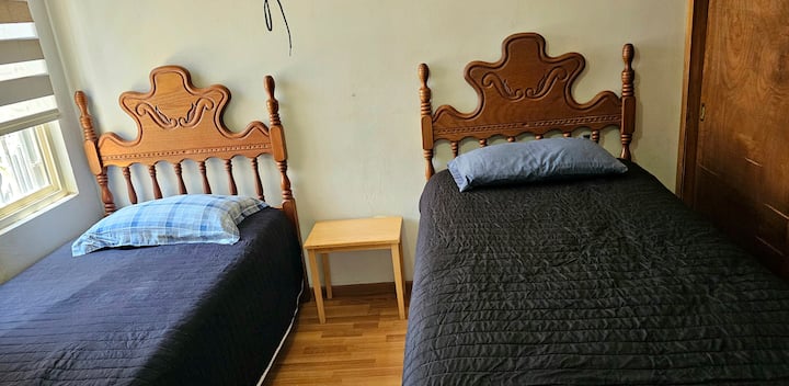 2 camas tamaño individual  1 de ellas es bicama.
la bicama para que salga hay que hacer las camas hacia los costados un poco y así sale la de abajo en un 90%
queda justo en el cuarto pero es la forma de usar la cama de abajo.