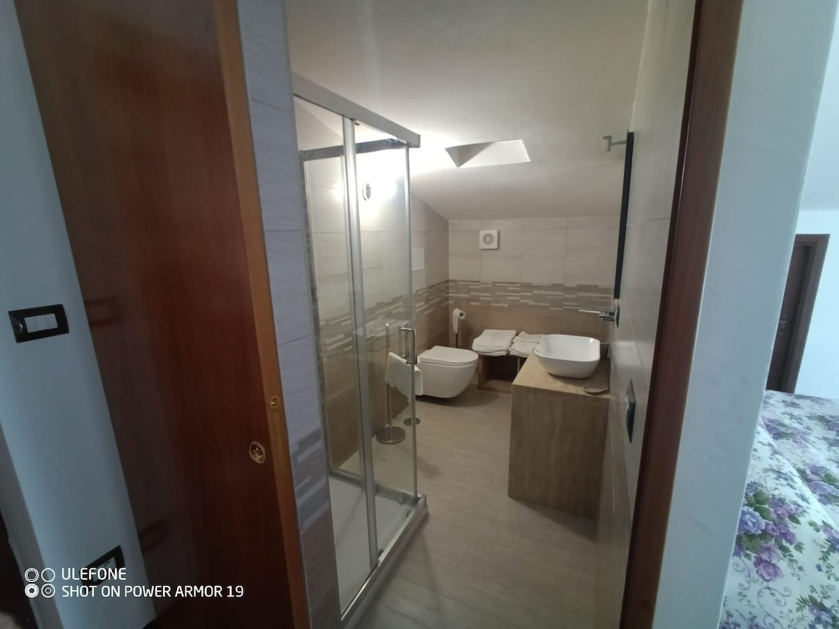 A well-appointed bathroom features a walk-in shower with glass doors, a spacious countertop with dual sinks, and a modern toilet. Neutral tones and contemporary tile work create a clean and calming environment, enhanced by natural light from the overhead skylight.