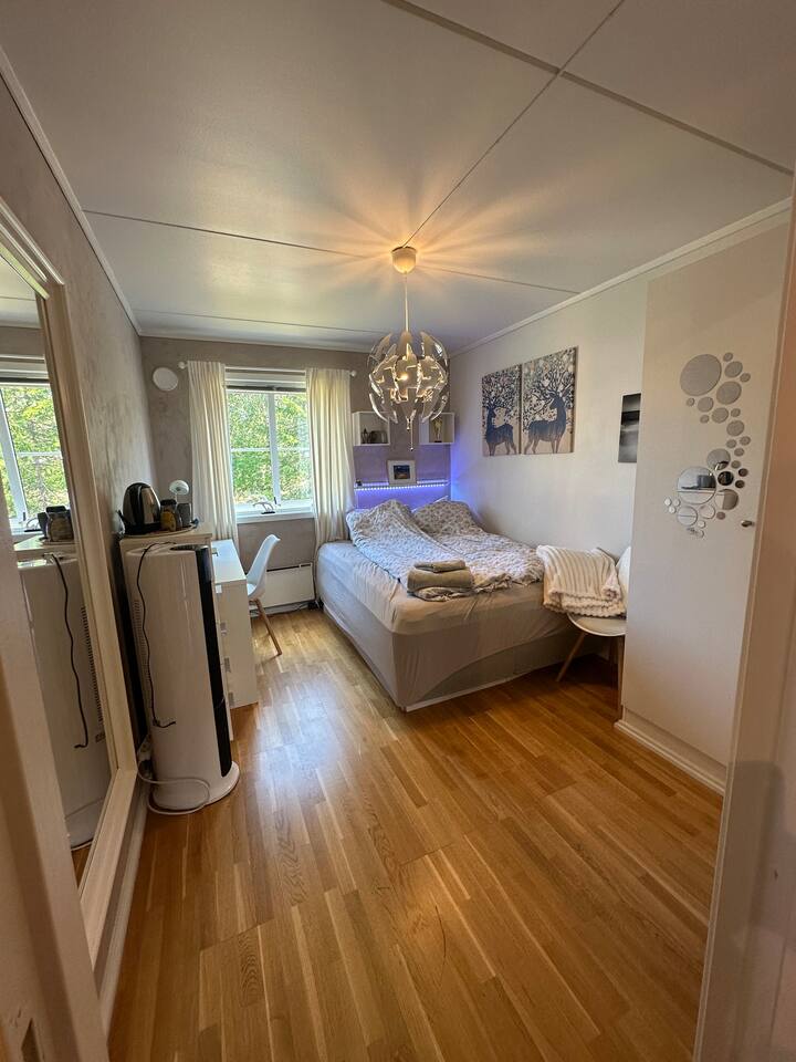 Habitación amplia y luminosa con armario, cama doble y mesa de trabajo.
El apartamento tiene internet a través de fibra, y hay un amplificador wifi propio en la habitación para la mejor señal posible.«Rápido y estable. 
